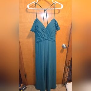 Mori Lee Green Ruched Wrap Gown for Wedding Guest